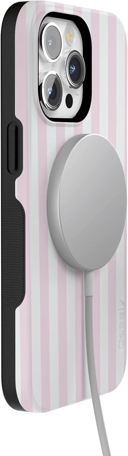 imageCasely iPhone 15 Pro Case Pink Stripes Sunday Best Bold Protective Design Compatible with MagSafe