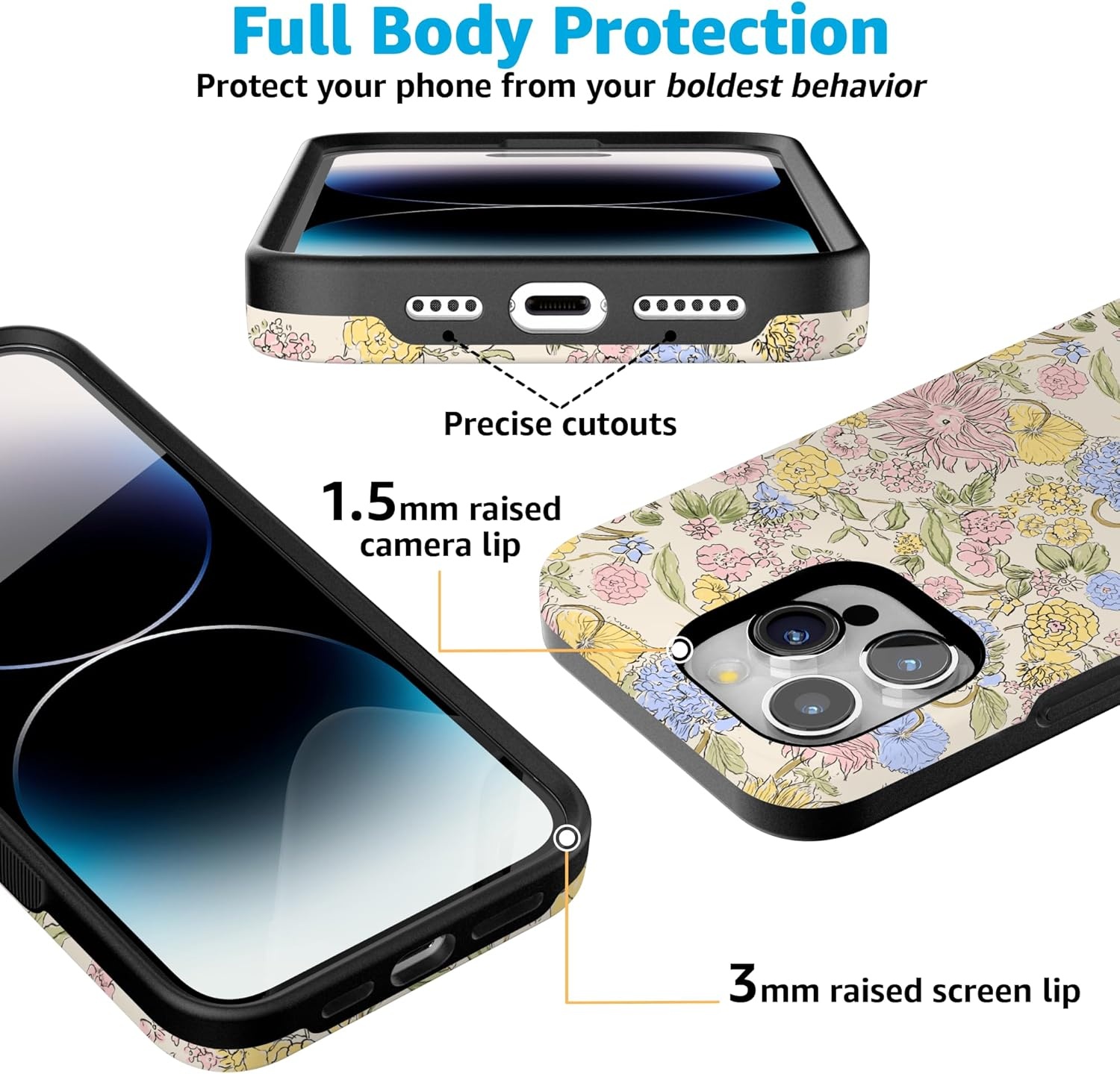 imageCasely iPhone 15 Pro Case Prairie Blooms Pastel Floral Bold Protective Design Compatible with MagSafe