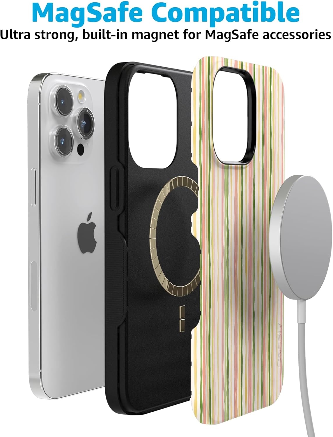 imageCasely iPhone 15 Pro Case Sweet Stripes Rainbow Pastel Bold Protective Design Compatible with MagSafe