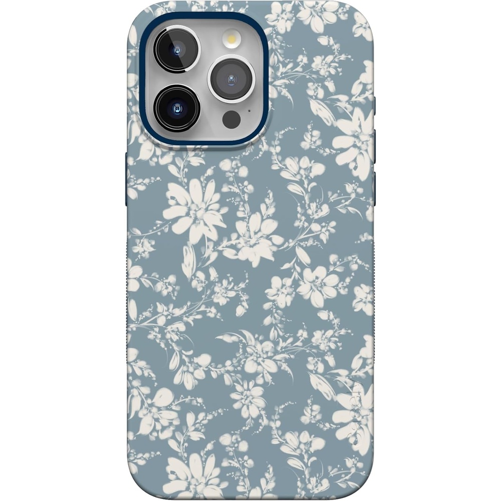 imageCasely iPhone 15 Pro Case Afternoon Tea Blue Floral Bold Protective Design Compatible with MagSafe