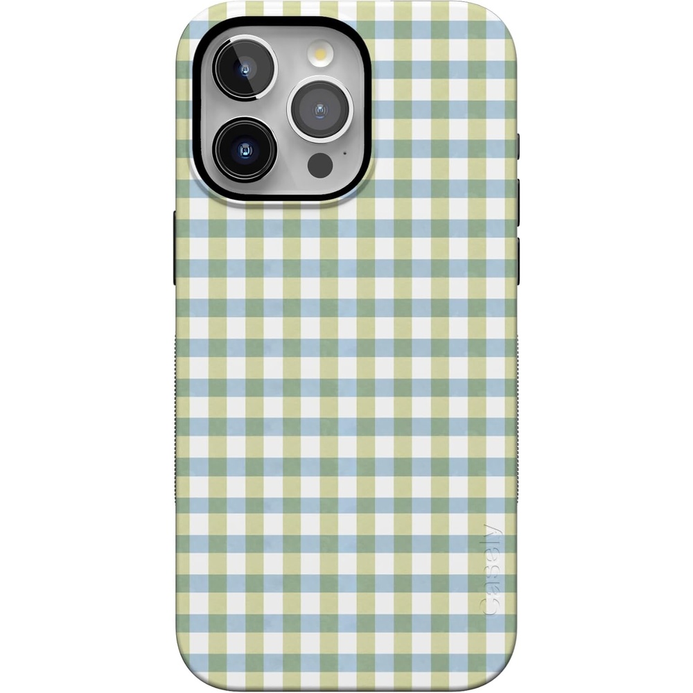 imageCasely iPhone 15 Pro Case Pastel Picnic Blue amp Green Gingham Bold Protective Design Compatible with MagSafe