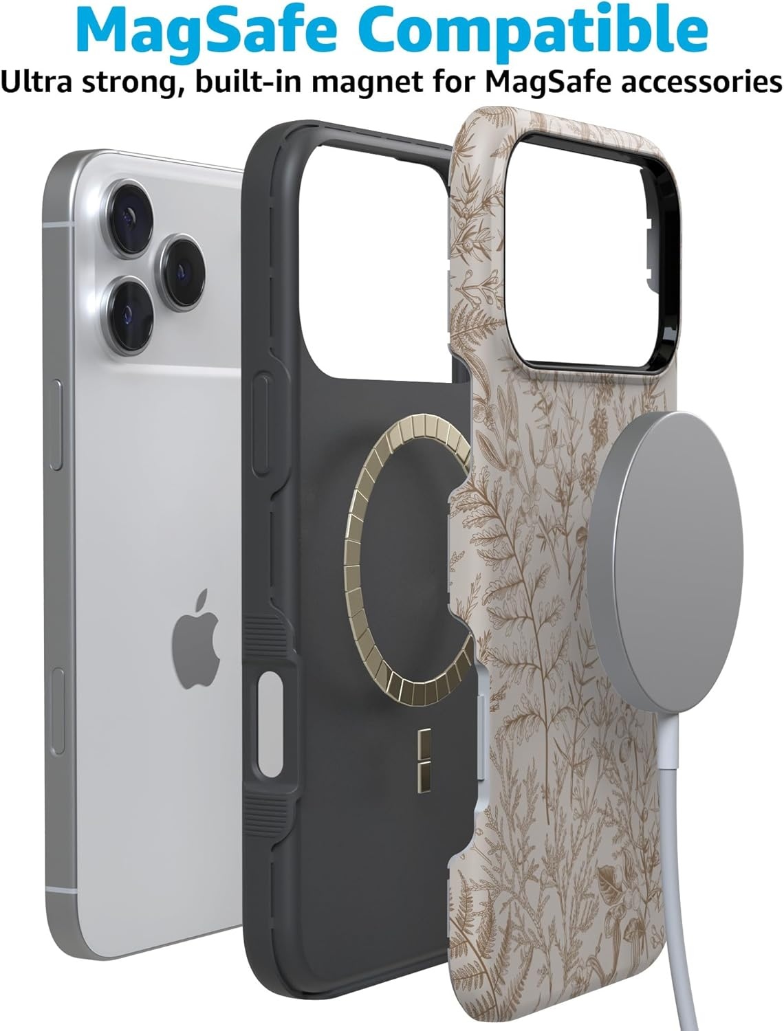 image:imageCasely iPhone 17 Pro Max Case Blue amp White Floral Rose to Fame Bold Protective Design Compatible with MagSafeBeige Garden Neutral Floral