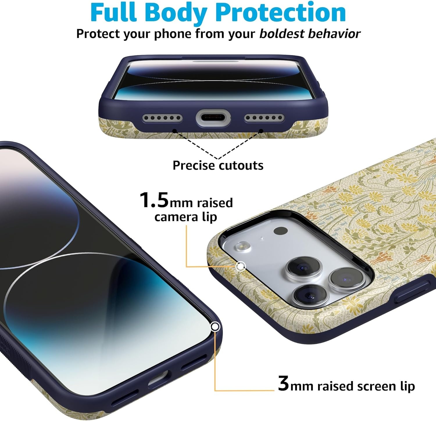 image:imageCasely iPhone 17 Pro Max Case Blue amp White Floral Rose to Fame Bold Protective Design Compatible with MagSafeBoho Blooms Golden Floral