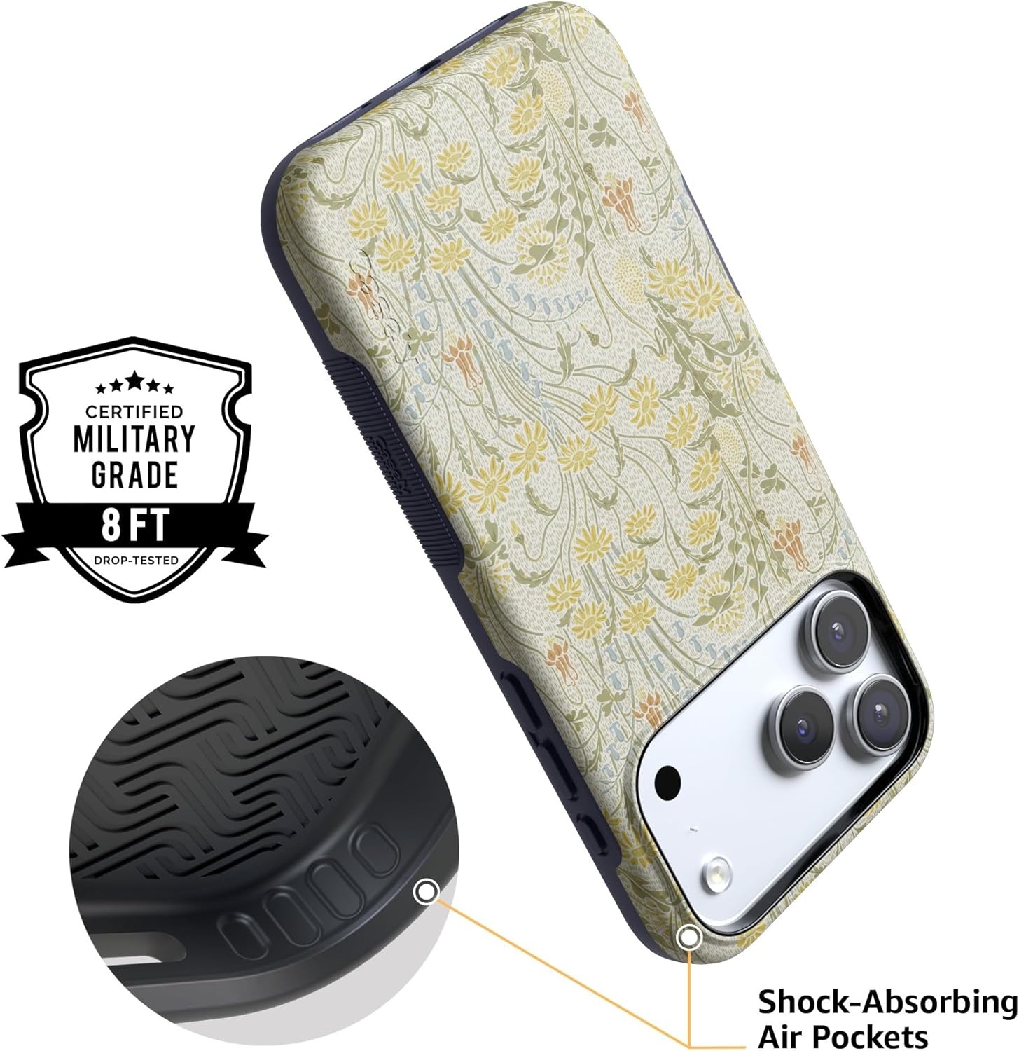 image:imageCasely iPhone 17 Pro Max Case Blue amp White Floral Rose to Fame Bold Protective Design Compatible with MagSafeBoho Blooms Golden Floral