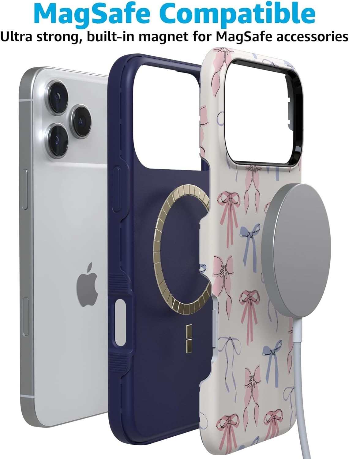 image:imageCasely iPhone 17 Pro Max Case Blue amp White Floral Rose to Fame Bold Protective Design Compatible with MagSafeCoquette Girlie Pastel Bows