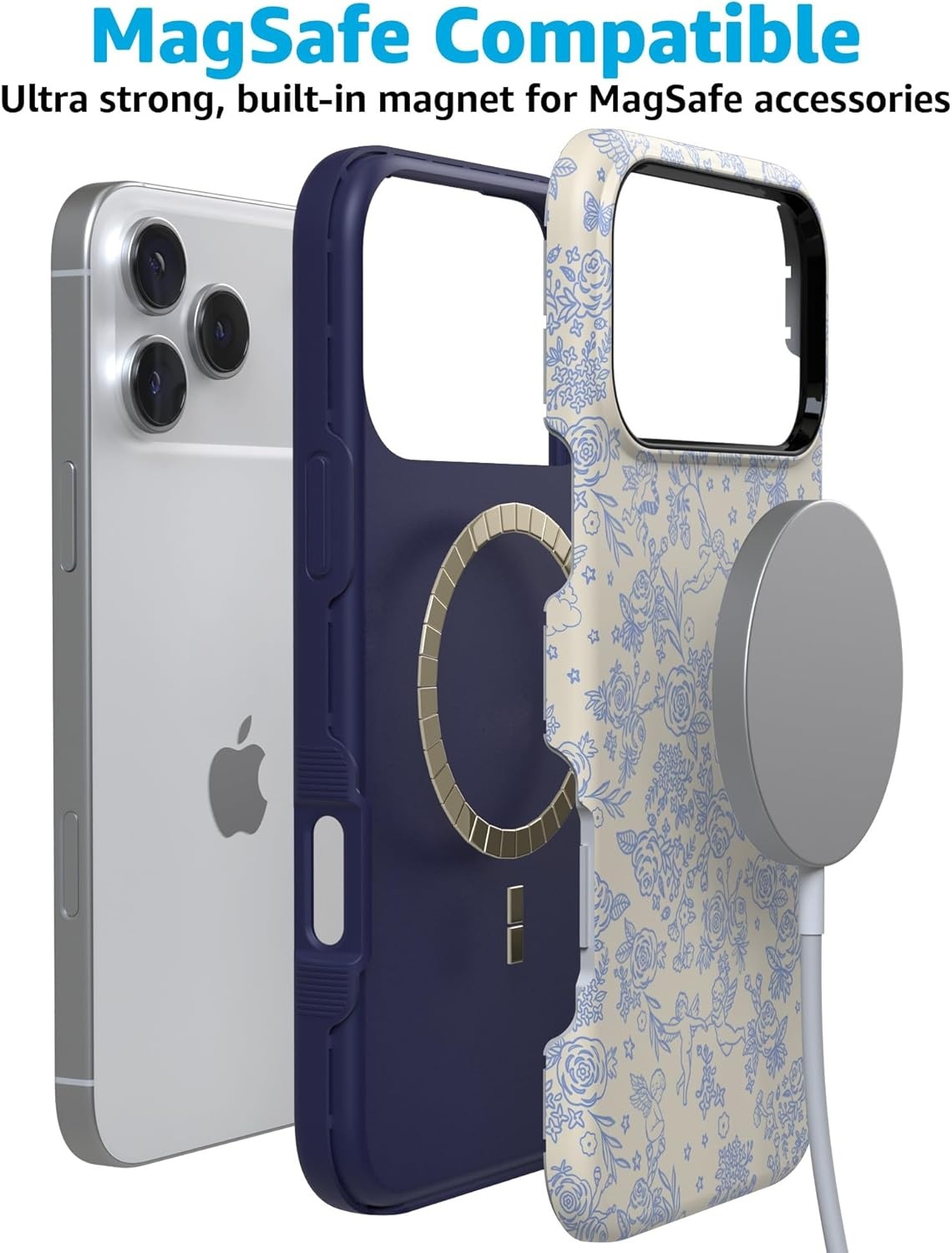 image:imageCasely iPhone 17 Pro Max Case Blue amp White Floral Rose to Fame Bold Protective Design Compatible with MagSafeCupids Canvas Periwinkle Floral