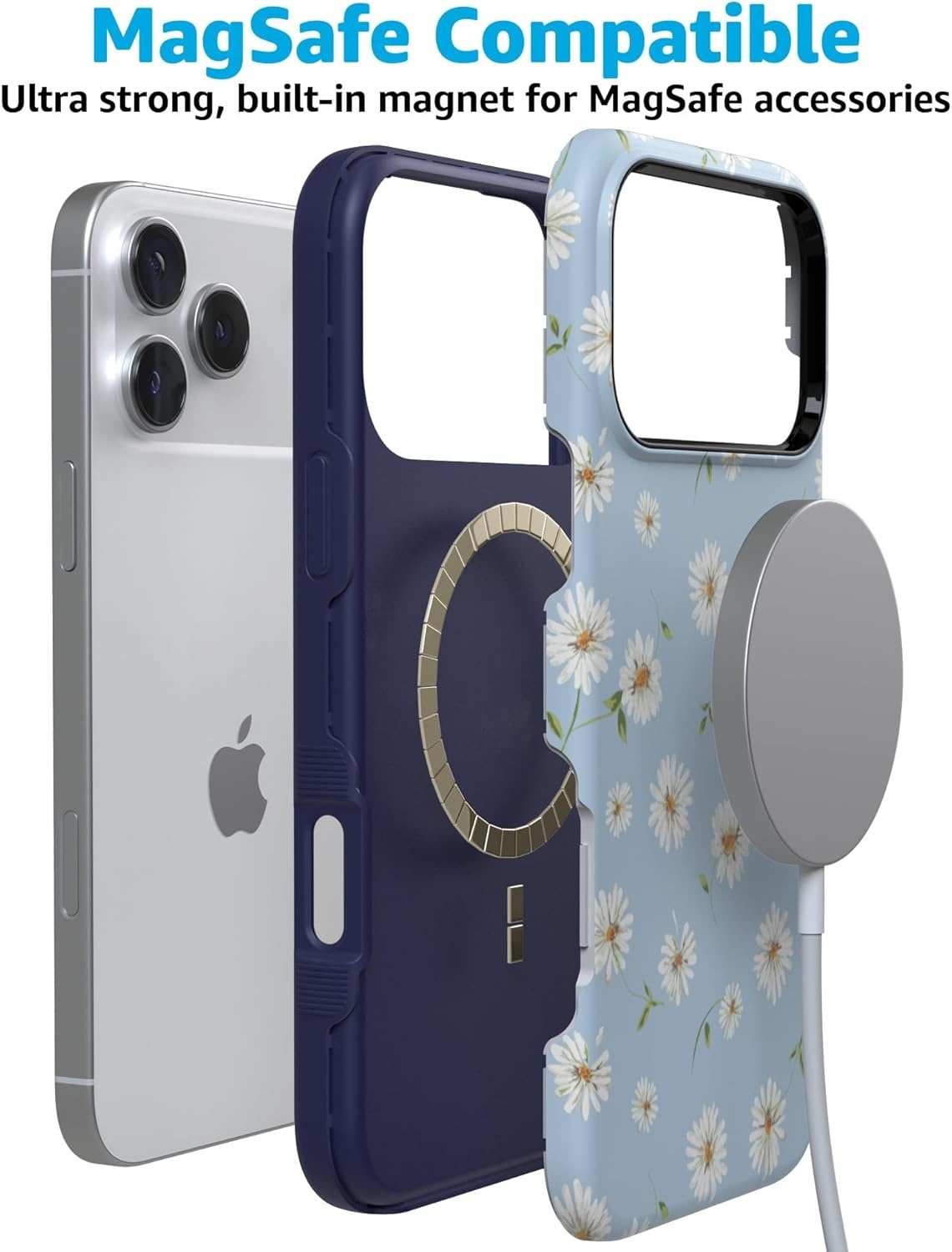 image:imageCasely iPhone 17 Pro Max Case Blue amp White Floral Rose to Fame Bold Protective Design Compatible with MagSafeDaisy Daydream Baby Blue Floral