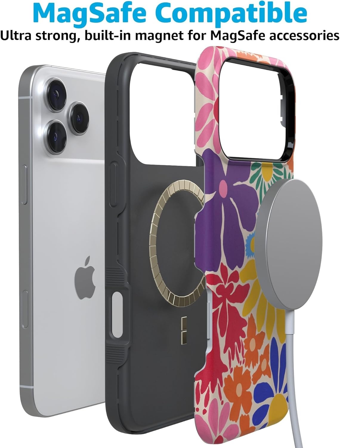 image:imageCasely iPhone 17 Pro Max Case Blue amp White Floral Rose to Fame Bold Protective Design Compatible with MagSafeFlower Patch MultiColor Floral