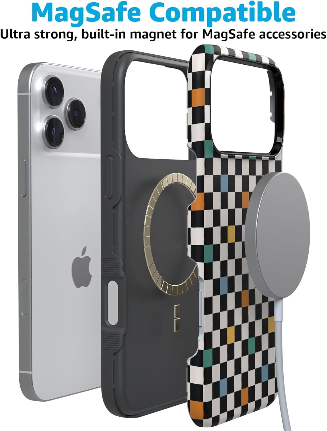 image:imageCasely iPhone 17 Pro Max Case Blue amp White Floral Rose to Fame Bold Protective Design Compatible with MagSafeOld Skool Retro Checkerboard