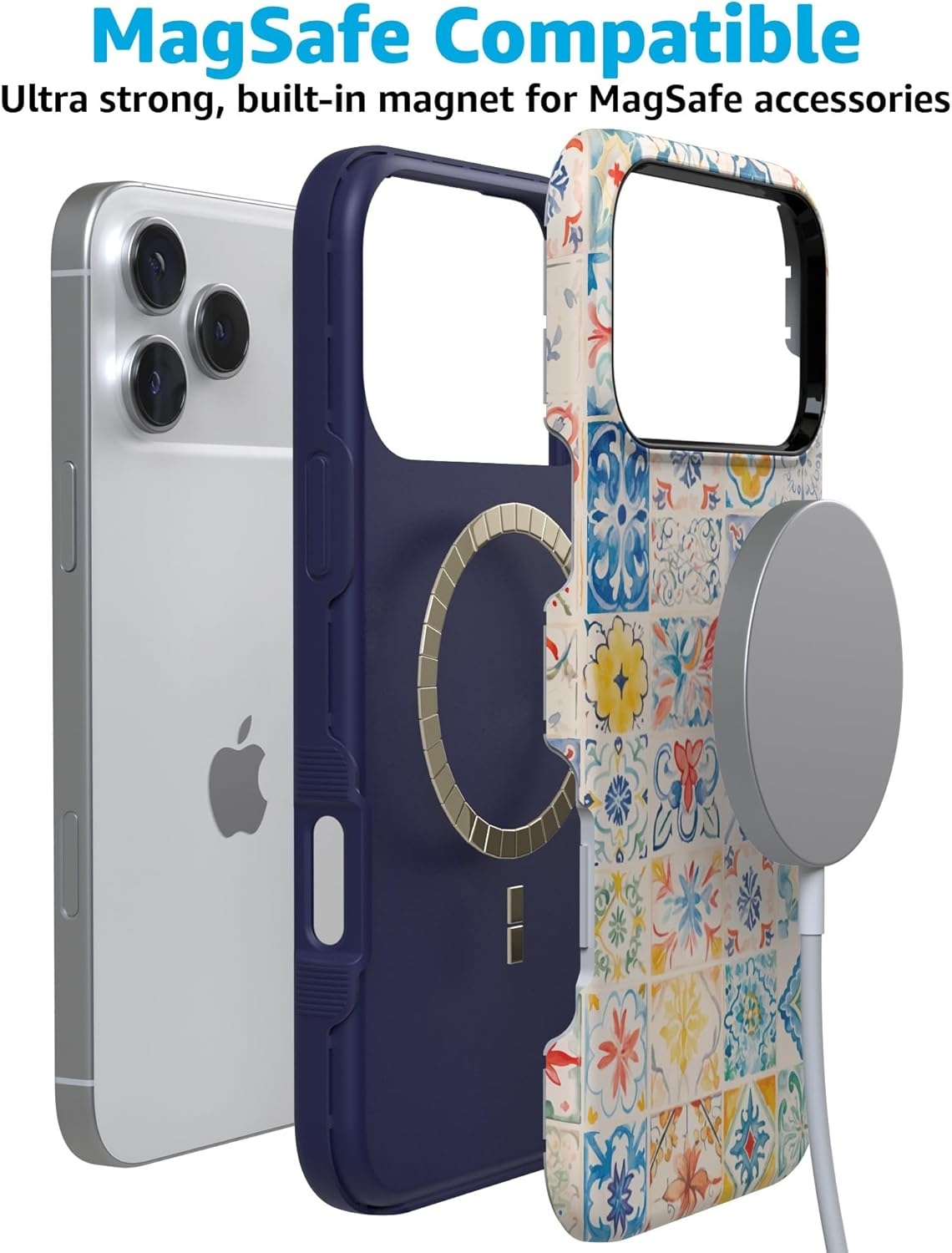 image:imageCasely iPhone 17 Pro Max Case Blue amp White Floral Rose to Fame Bold Protective Design Compatible with MagSafeTuscan Tiles Dolce Vita