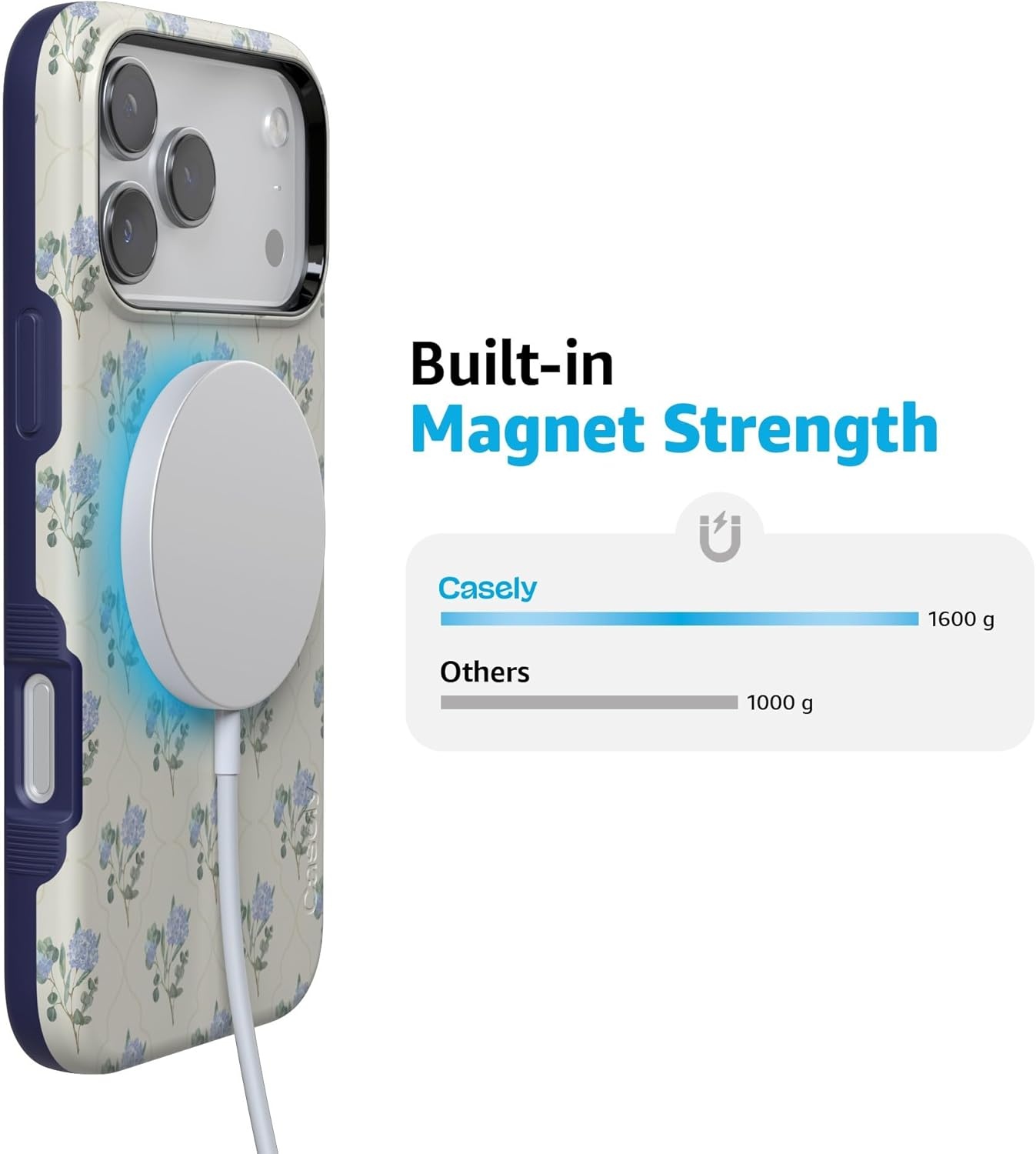 image:imageCasely iPhone 17 Pro Max Case Blue amp White Floral Rose to Fame Bold Protective Design Compatible with MagSafeVintage Garden Blue Hydrangea