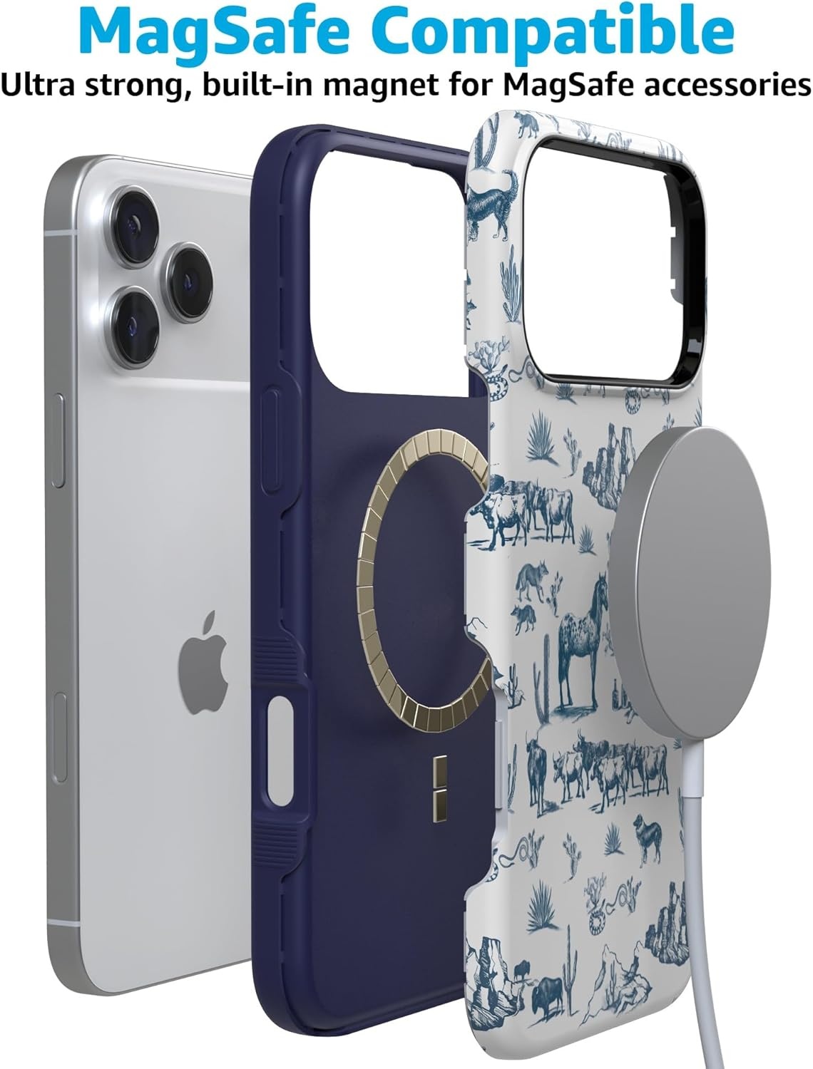 image:imageCasely iPhone 17 Pro Max Case Blue amp White Floral Rose to Fame Bold Protective Design Compatible with MagSafeWild West Adventure Desert