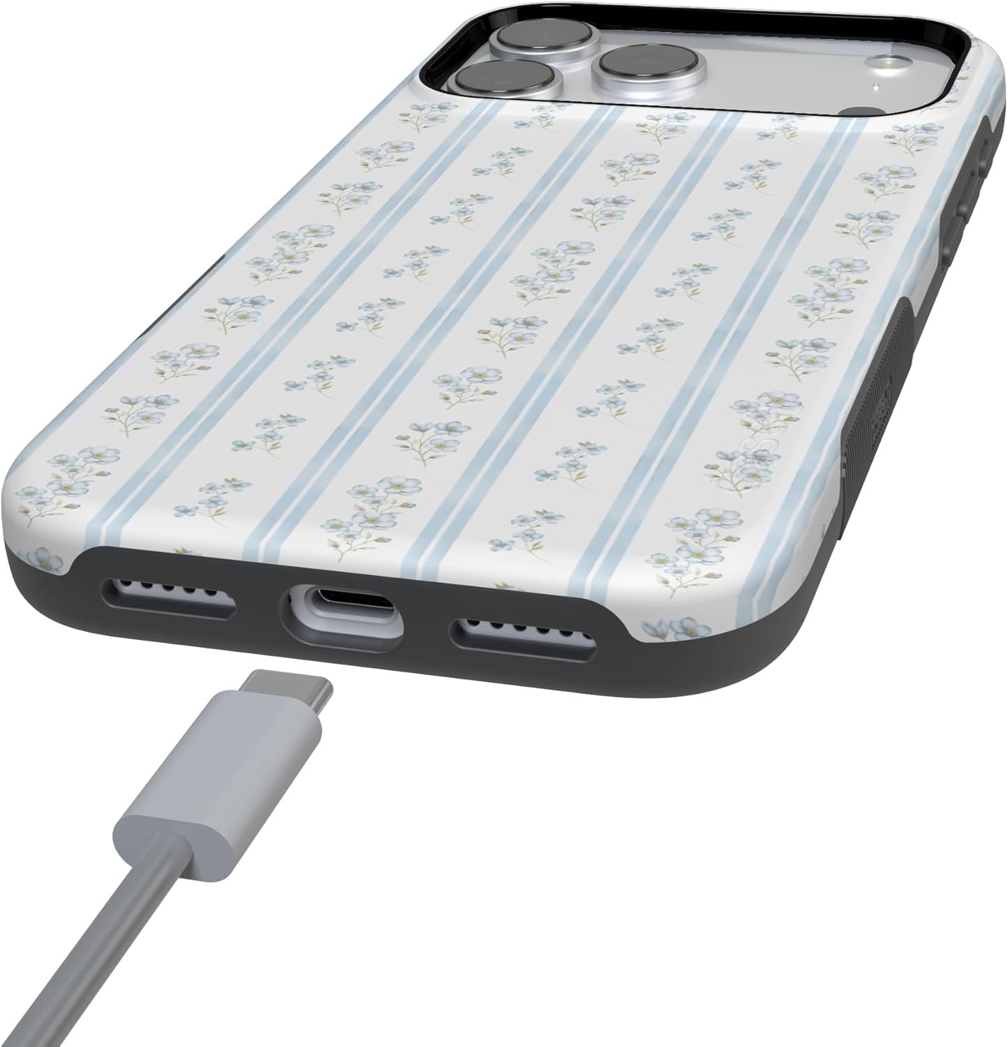image:imageCasely iPhone 17 Pro Max Case Cottage Stripe Blue Floral Bold Protective Design Compatible with MagSafe