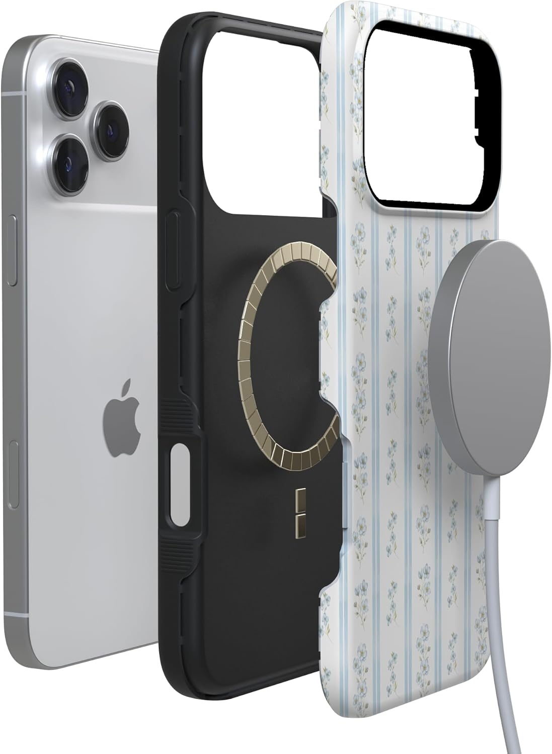 image:imageCasely iPhone 17 Pro Max Case Cottage Stripe Blue Floral Bold Protective Design Compatible with MagSafe