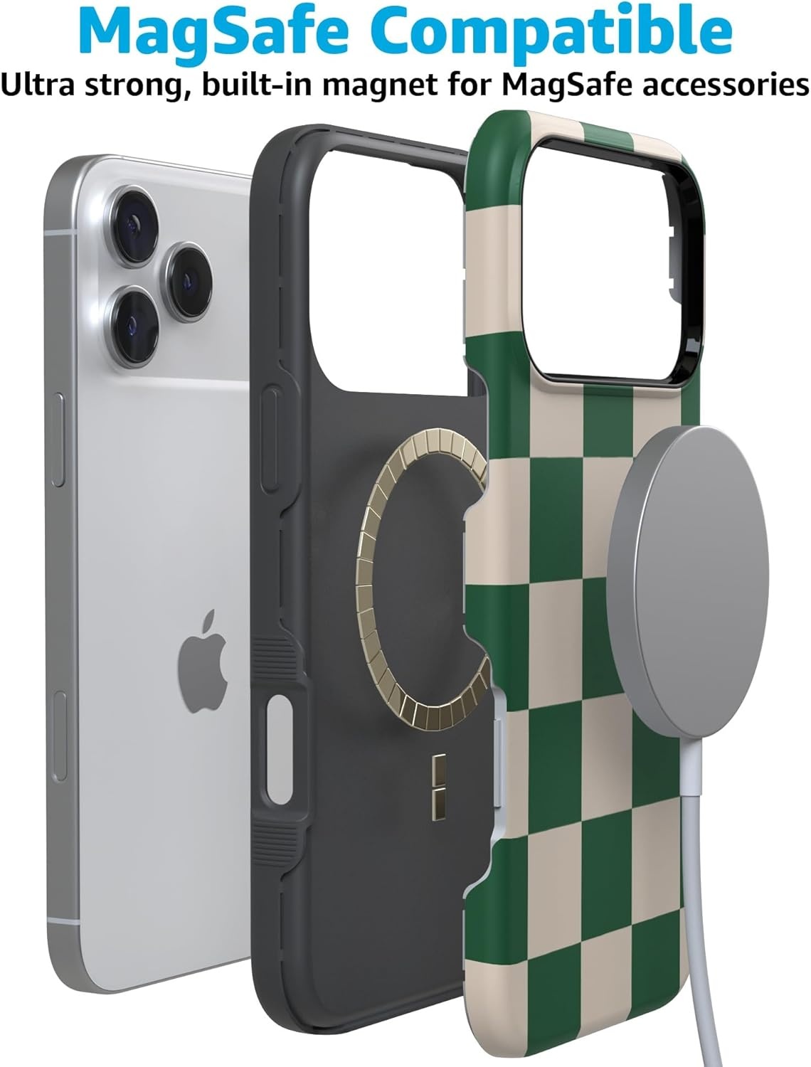 image:imageCasely iPhone 17 Pro Max Case Green Checkerboard Fit Check Bold Protective Design Compatible with MagSafe