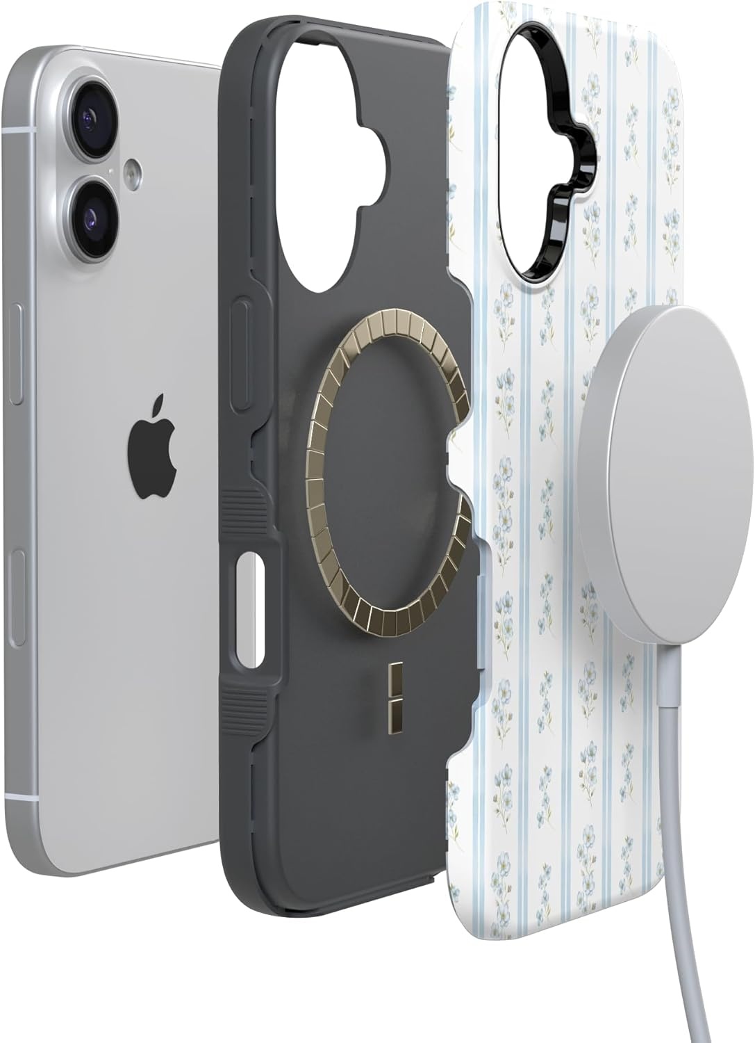 image:imageCasely iPhone 17 Case Cottage Stripe Blue Floral Bold Protective Design Compatible with MagSafe