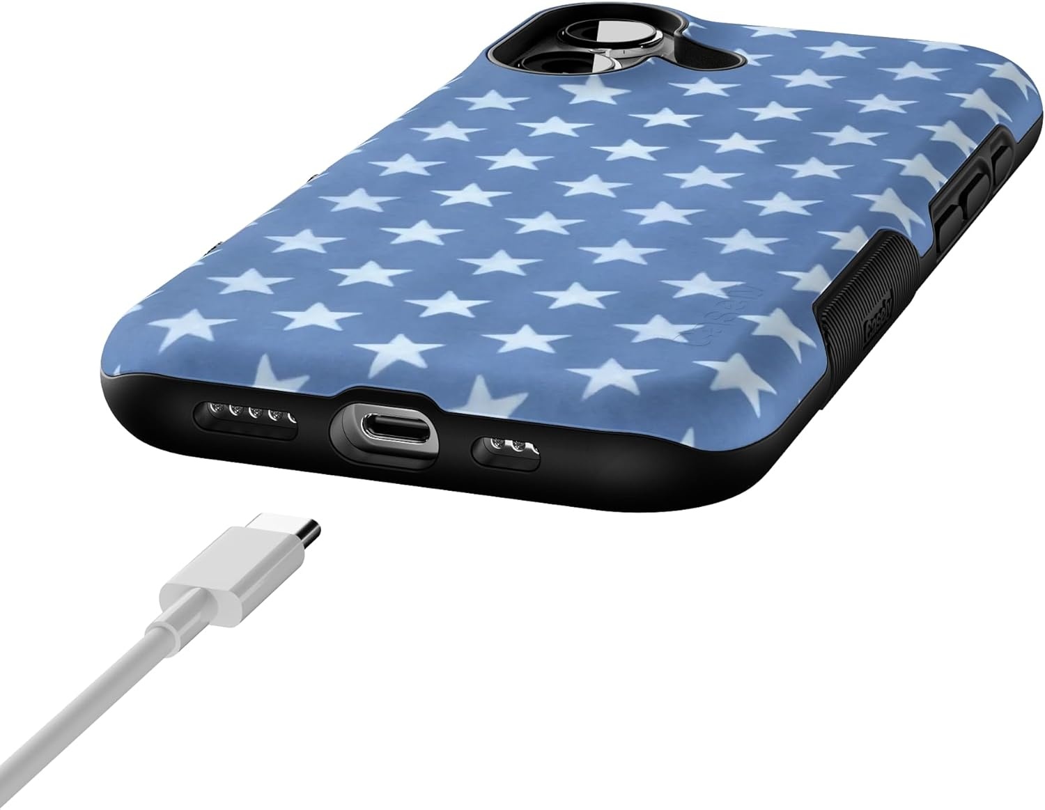 image:imageCasely iPhone 17 Case Starfish Wishes Coral Pink Shimmer Bold Protective Design MagSafe Compatible DesignCoastal Blues Denim Stars