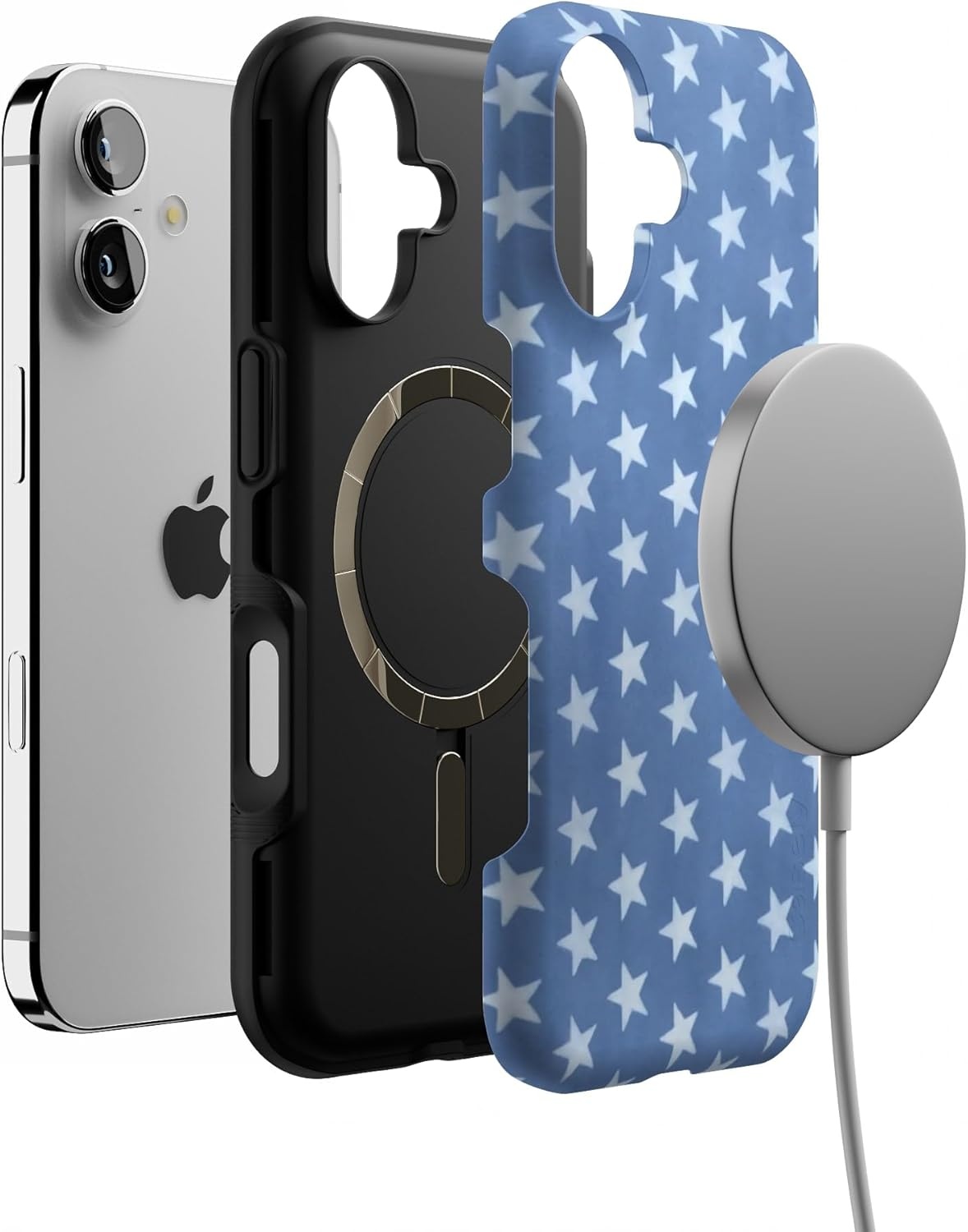 image:imageCasely iPhone 17 Case Starfish Wishes Coral Pink Shimmer Bold Protective Design MagSafe Compatible DesignCoastal Blues Denim Stars