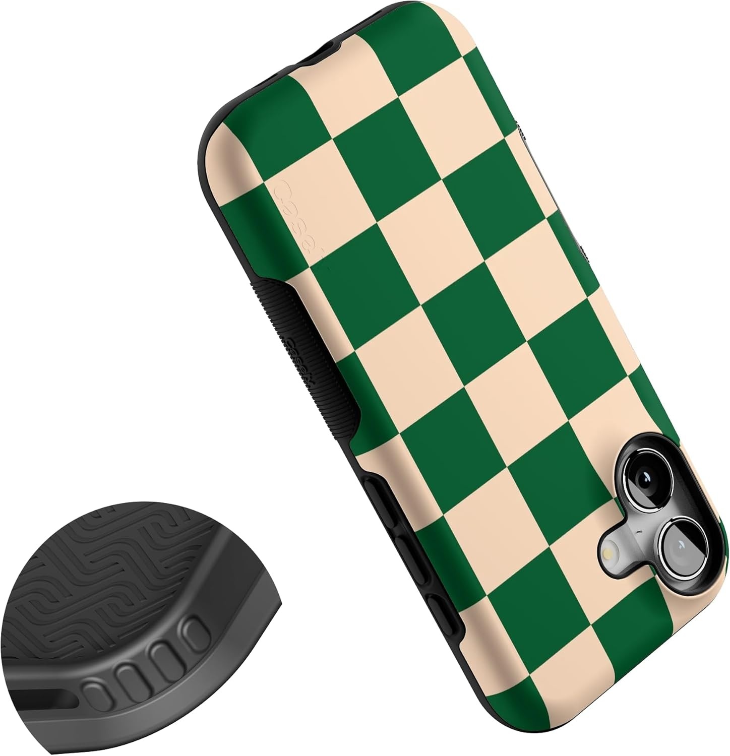 image:imageCasely iPhone 17 Case Starfish Wishes Coral Pink Shimmer Bold Protective Design MagSafe Compatible DesignFit Check Green Checkerboard