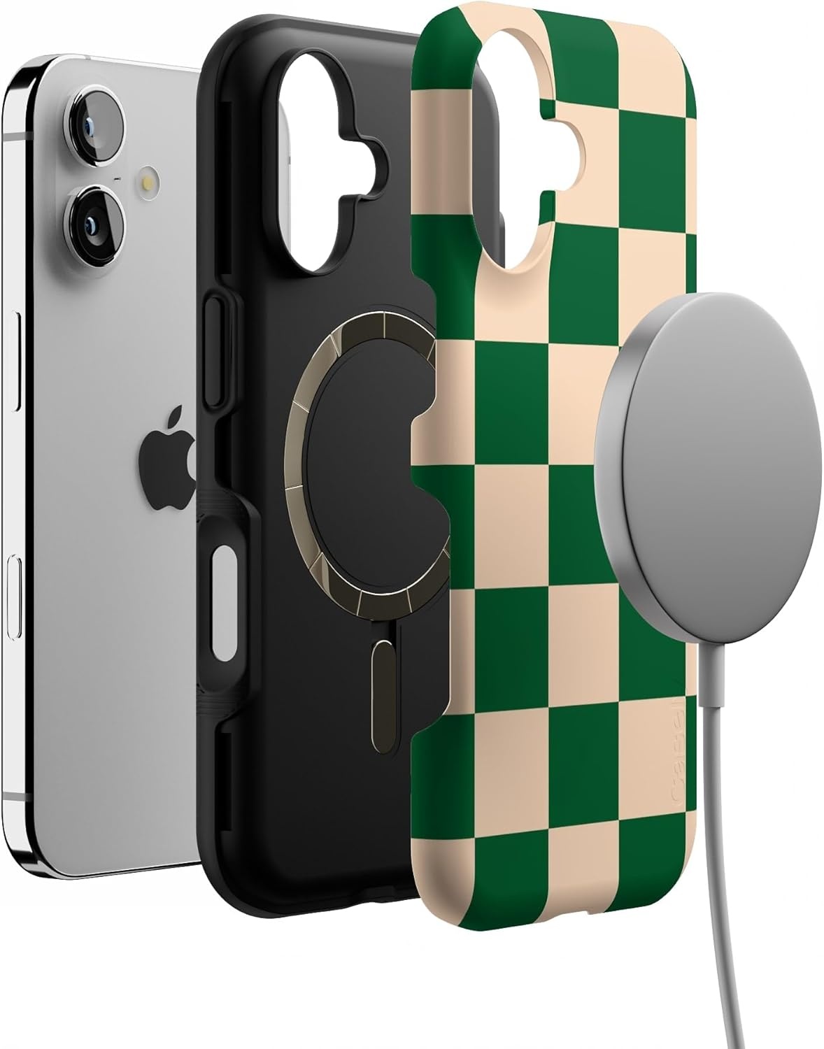 image:imageCasely iPhone 17 Case Starfish Wishes Coral Pink Shimmer Bold Protective Design MagSafe Compatible DesignFit Check Green Checkerboard