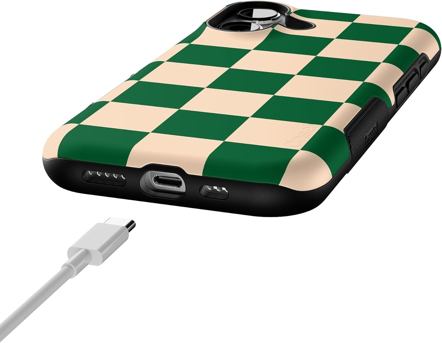 image:imageCasely iPhone 17 Case Starfish Wishes Coral Pink Shimmer Bold Protective Design MagSafe Compatible DesignFit Check Green Checkerboard