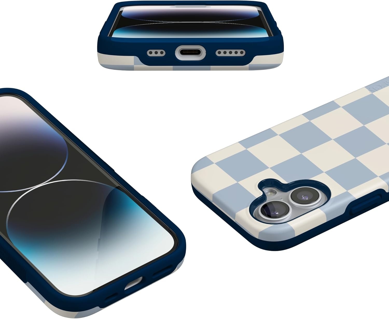 image:imageCasely iPhone 17 Case Starfish Wishes Coral Pink Shimmer Bold Protective Design MagSafe Compatible DesignFit Check Light Blue Checkerboard