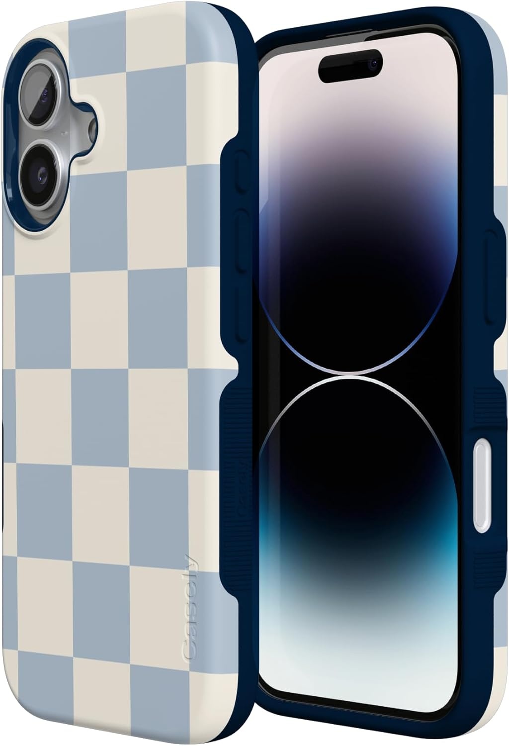 image:imageCasely iPhone 17 Case Starfish Wishes Coral Pink Shimmer Bold Protective Design MagSafe Compatible DesignFit Check Light Blue Checkerboard