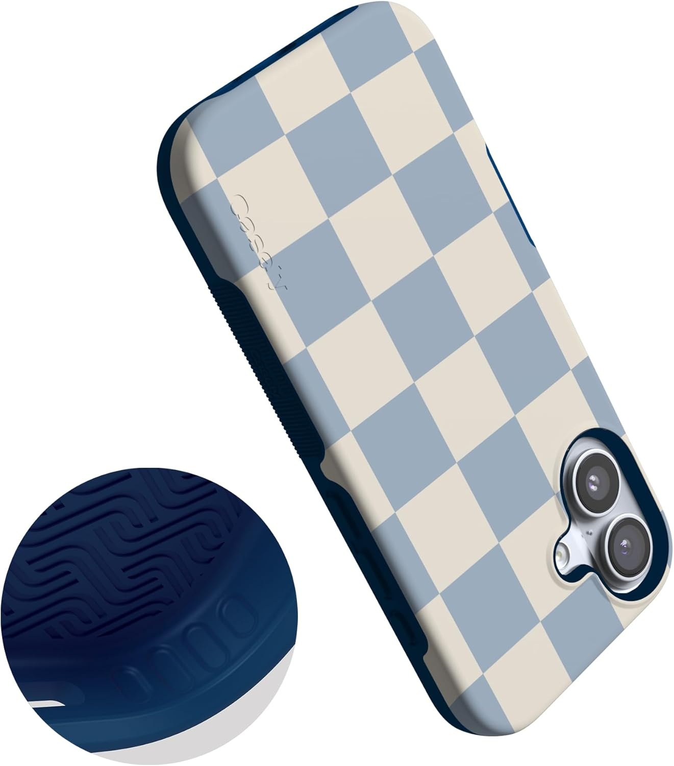 image:imageCasely iPhone 17 Case Starfish Wishes Coral Pink Shimmer Bold Protective Design MagSafe Compatible DesignFit Check Light Blue Checkerboard