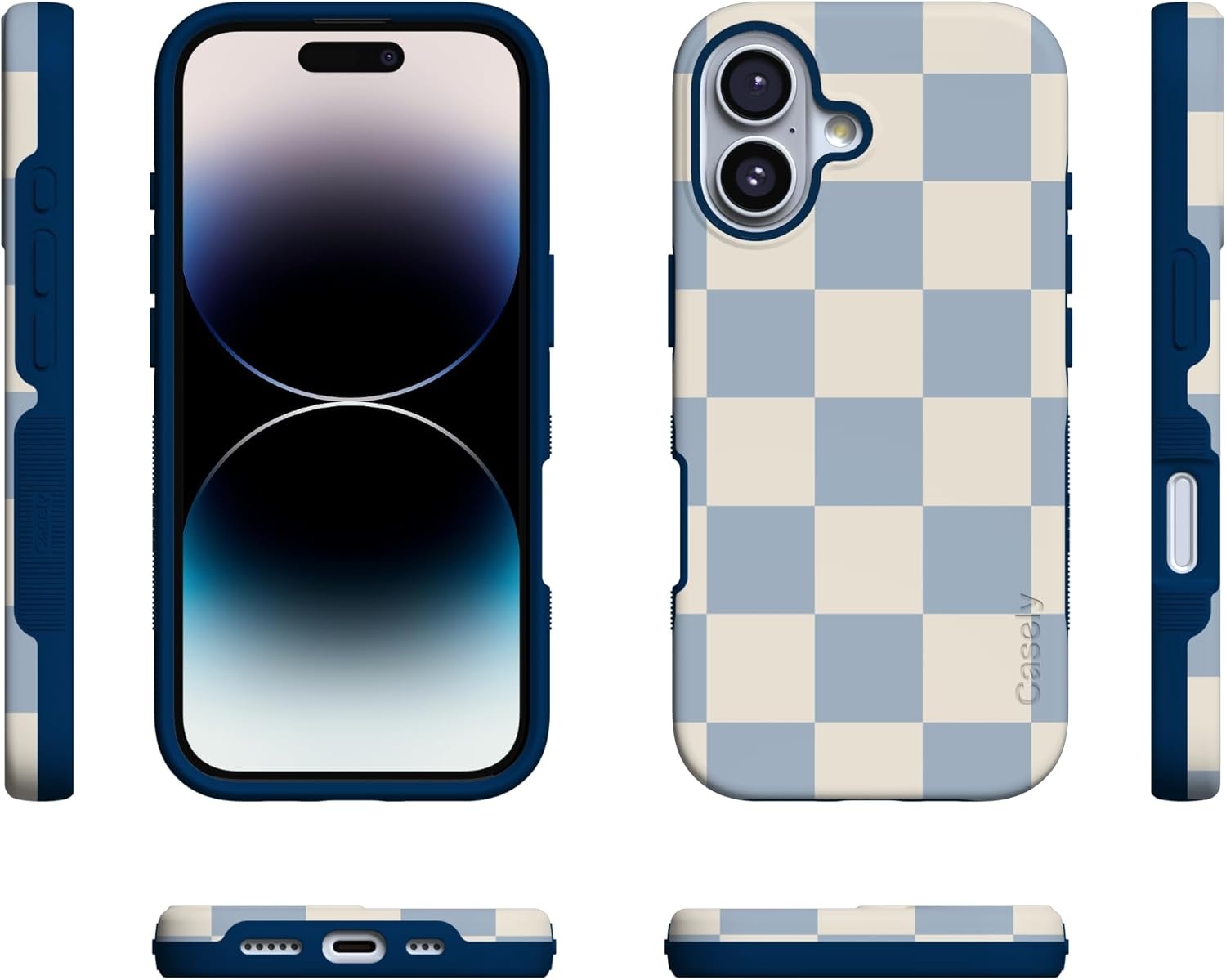 image:imageCasely iPhone 17 Case Starfish Wishes Coral Pink Shimmer Bold Protective Design MagSafe Compatible DesignFit Check Light Blue Checkerboard