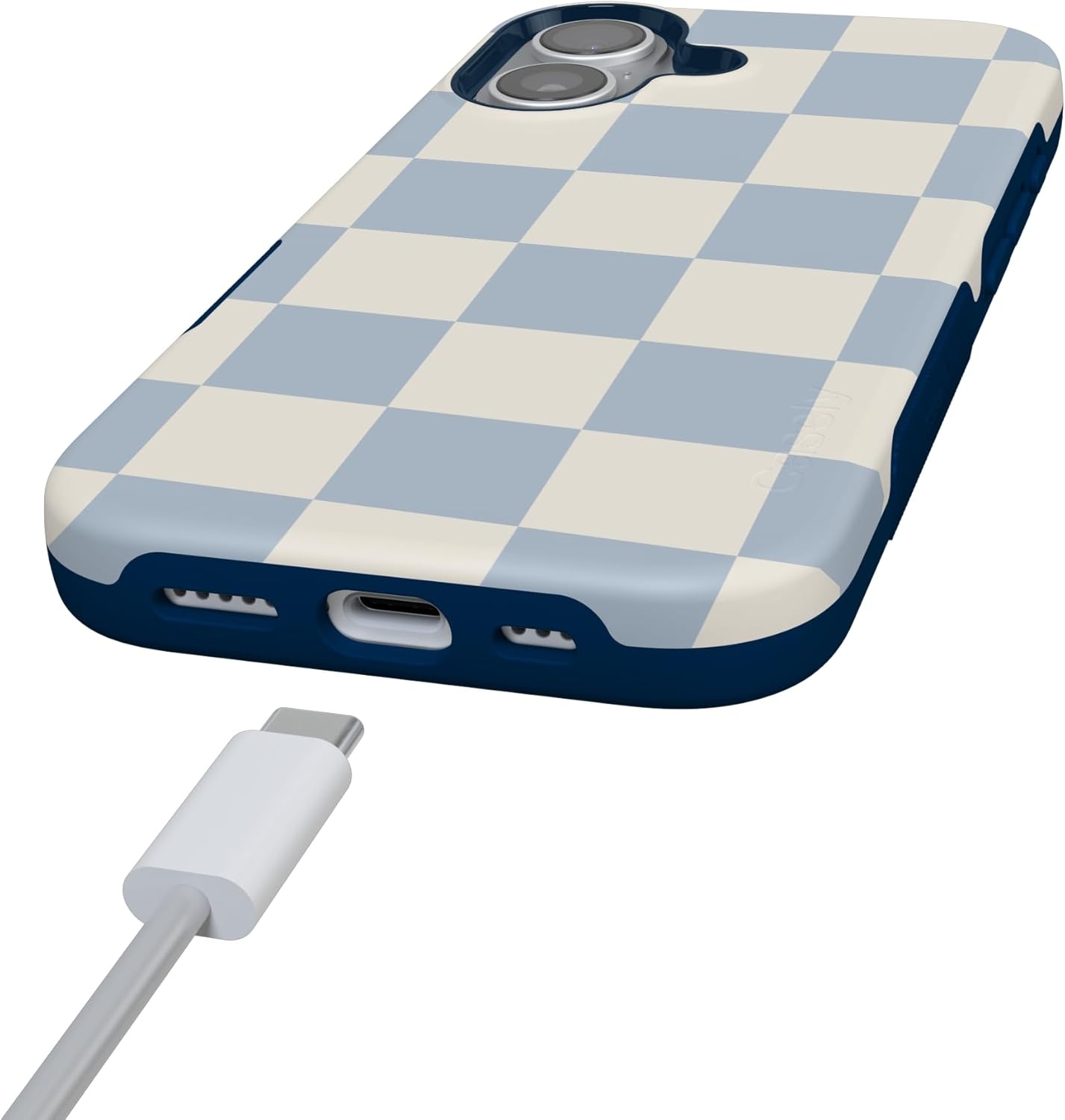 image:imageCasely iPhone 17 Case Starfish Wishes Coral Pink Shimmer Bold Protective Design MagSafe Compatible DesignFit Check Light Blue Checkerboard