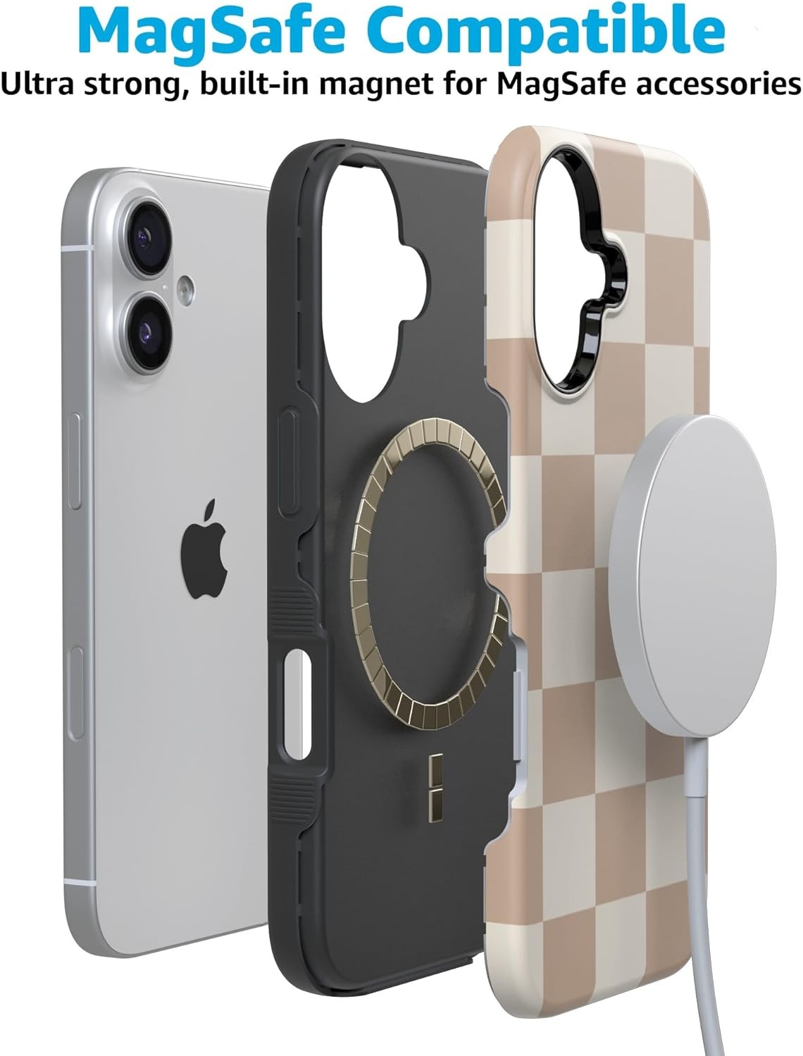 image:imageCasely iPhone 17 Case Starfish Wishes Coral Pink Shimmer Bold Protective Design MagSafe Compatible DesignFit Check Neutral Checkerboard