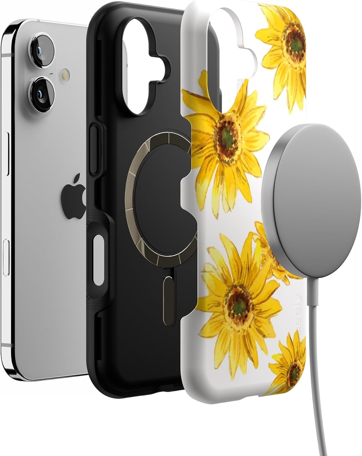 image:imageCasely iPhone 17 Case Starfish Wishes Coral Pink Shimmer Bold Protective Design MagSafe Compatible DesignGolden Garden Yellow Sunflower