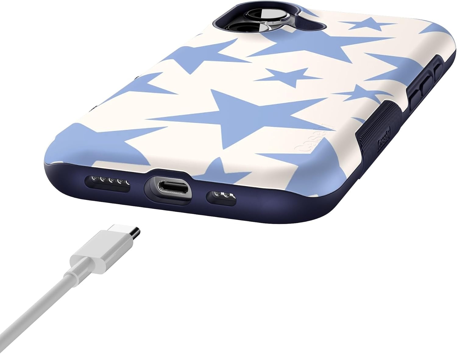 image:imageCasely iPhone 17 Case Starfish Wishes Coral Pink Shimmer Bold Protective Design MagSafe Compatible DesignStars Align Blue White Stars