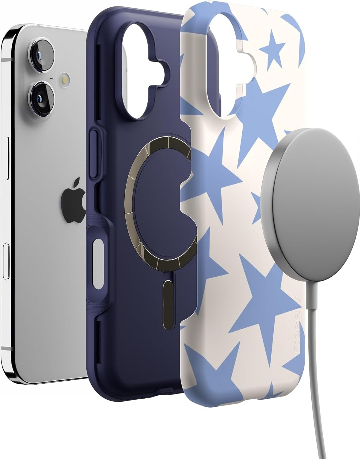image:imageCasely iPhone 17 Case Starfish Wishes Coral Pink Shimmer Bold Protective Design MagSafe Compatible DesignStars Align Blue White Stars