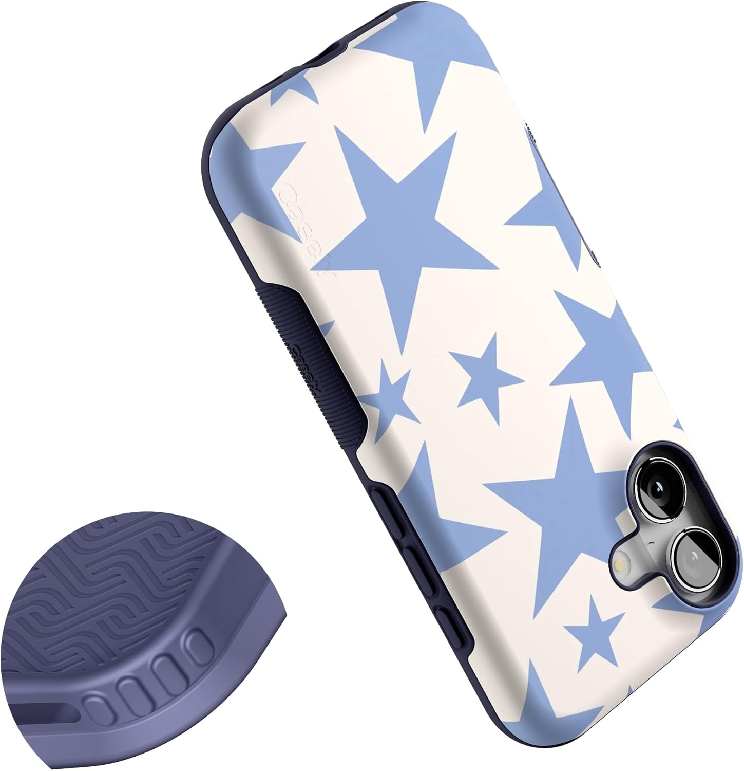 image:imageCasely iPhone 17 Case Starfish Wishes Coral Pink Shimmer Bold Protective Design MagSafe Compatible DesignStars Align Blue White Stars
