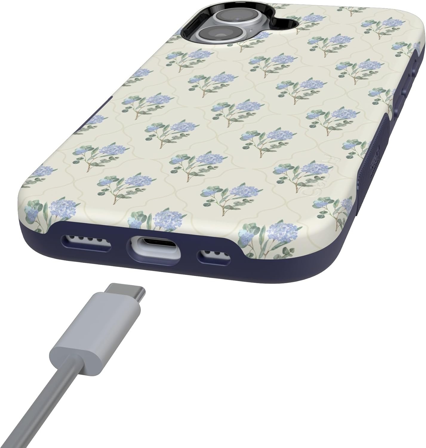 image:imageCasely iPhone 17 Case Starfish Wishes Coral Pink Shimmer Bold Protective Design MagSafe Compatible DesignVintage Garden Blue Hydrangea