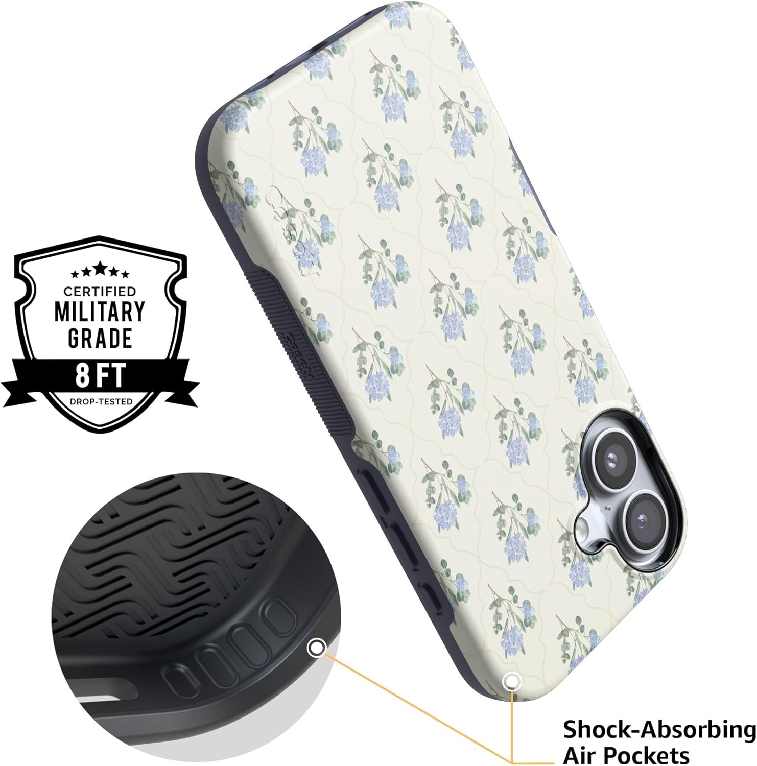 image:imageCasely iPhone 17 Case Starfish Wishes Coral Pink Shimmer Bold Protective Design MagSafe Compatible DesignVintage Garden Blue Hydrangea