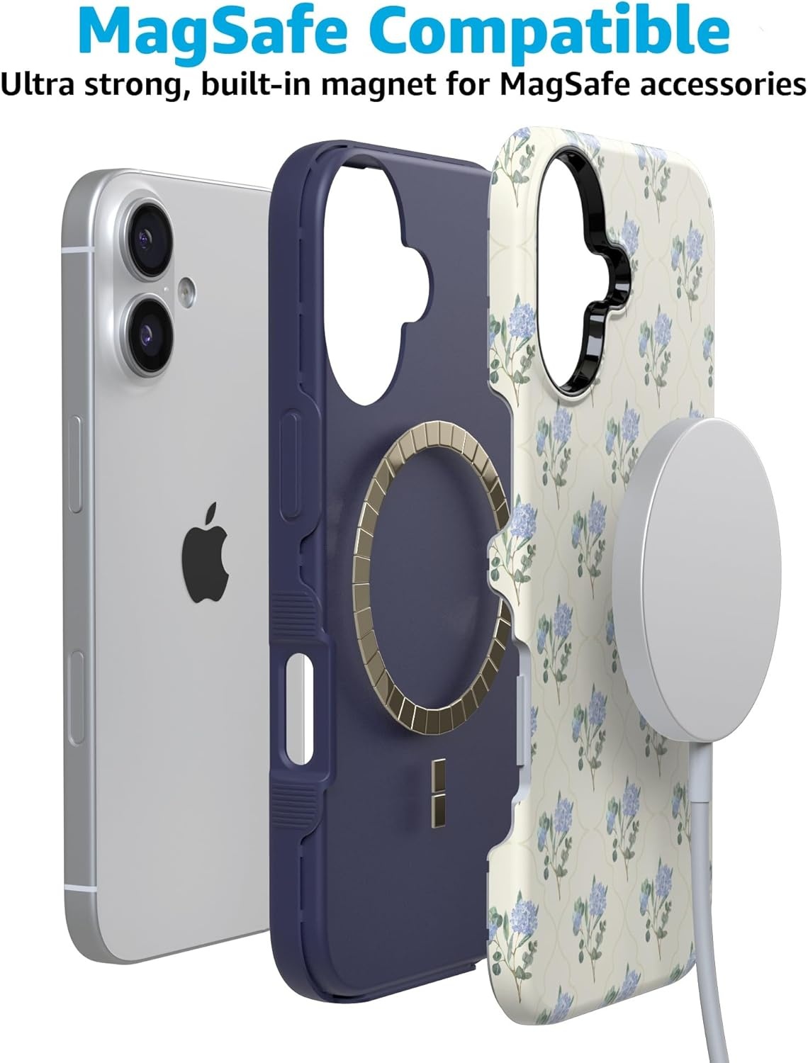 image:imageCasely iPhone 17 Case Starfish Wishes Coral Pink Shimmer Bold Protective Design MagSafe Compatible DesignVintage Garden Blue Hydrangea