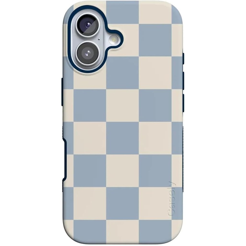 image:imageCasely iPhone 17 Case Starfish Wishes Coral Pink Shimmer Bold Protective Design MagSafe Compatible DesignFit Check Light Blue Checkerboard