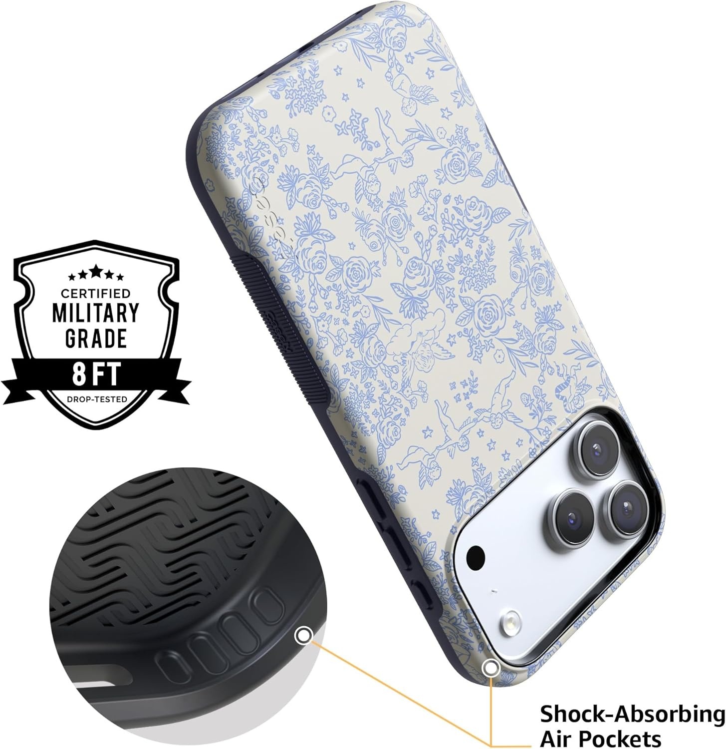 image:imageCasely iPhone 17 Pro Case Into the Wild Black Leopard Bold Protective Design MagSafe Compatible DesignCupids Canvas Periwinkle Floral