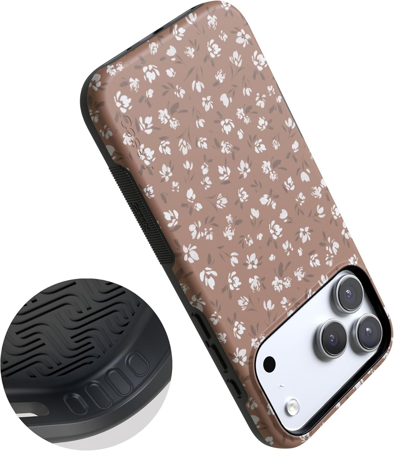 image:imageCasely iPhone 17 Pro Case Into the Wild Black Leopard Bold Protective Design MagSafe Compatible DesignMocha Meadow Tiny Flowers