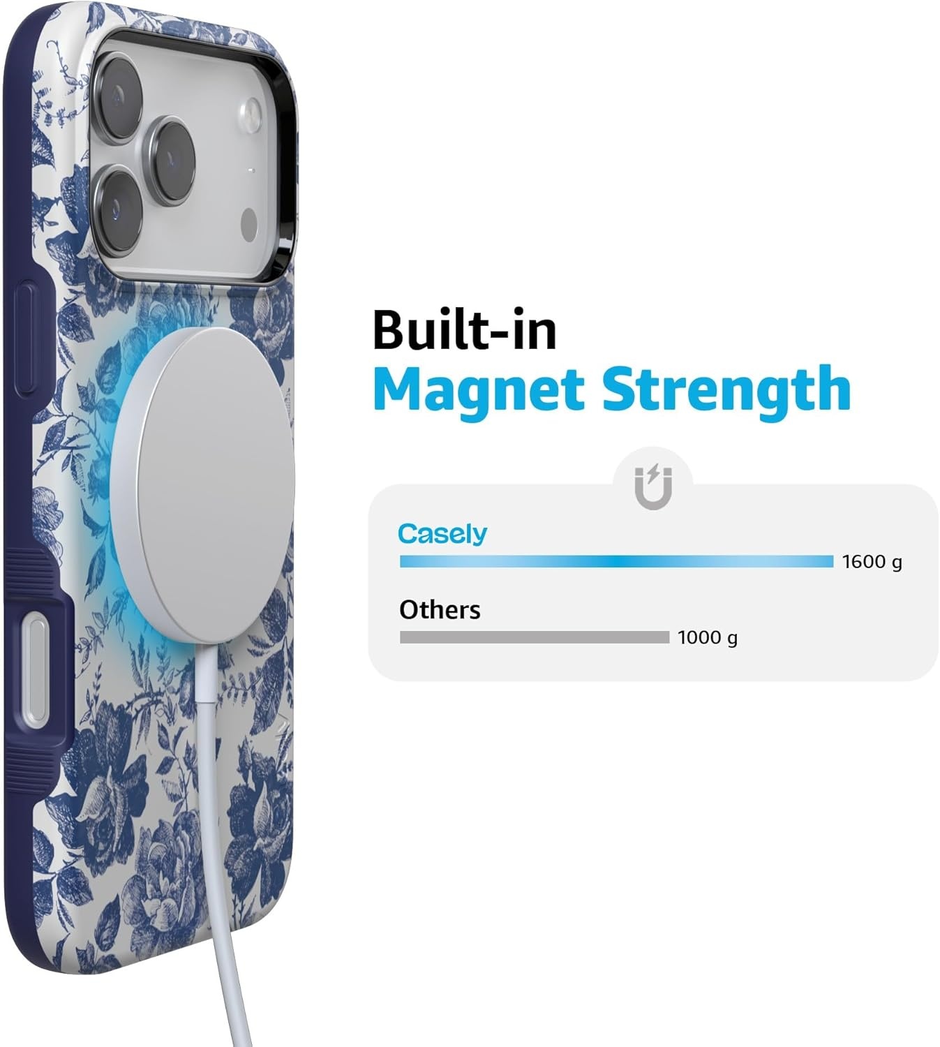 image:imageCasely iPhone 17 Pro Case Into the Wild Black Leopard Bold Protective Design MagSafe Compatible DesignRose to Fame Blue White Rose Floral