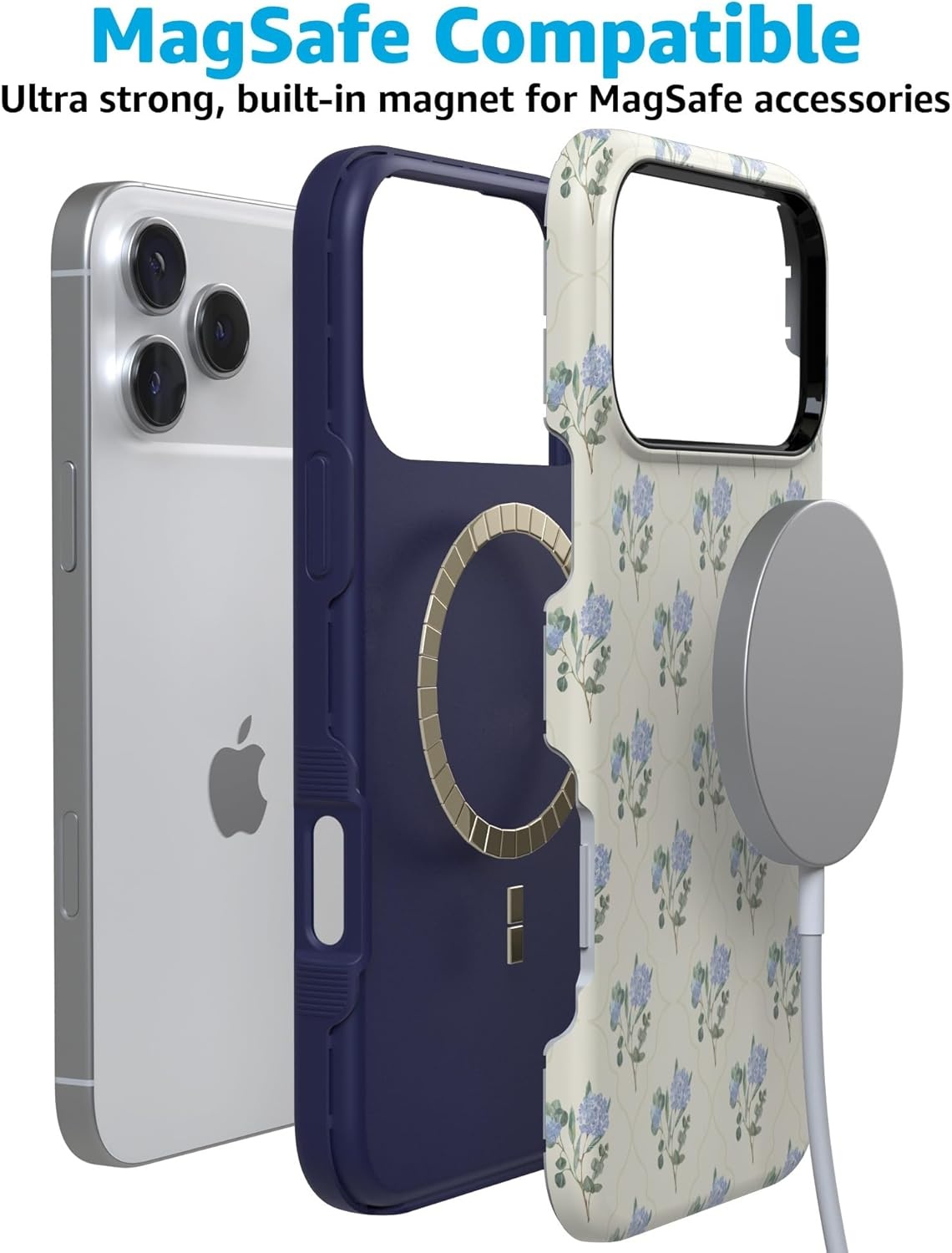 image:imageCasely iPhone 17 Pro Case Into the Wild Black Leopard Bold Protective Design MagSafe Compatible DesignVintage Garden Blue Hydrangea