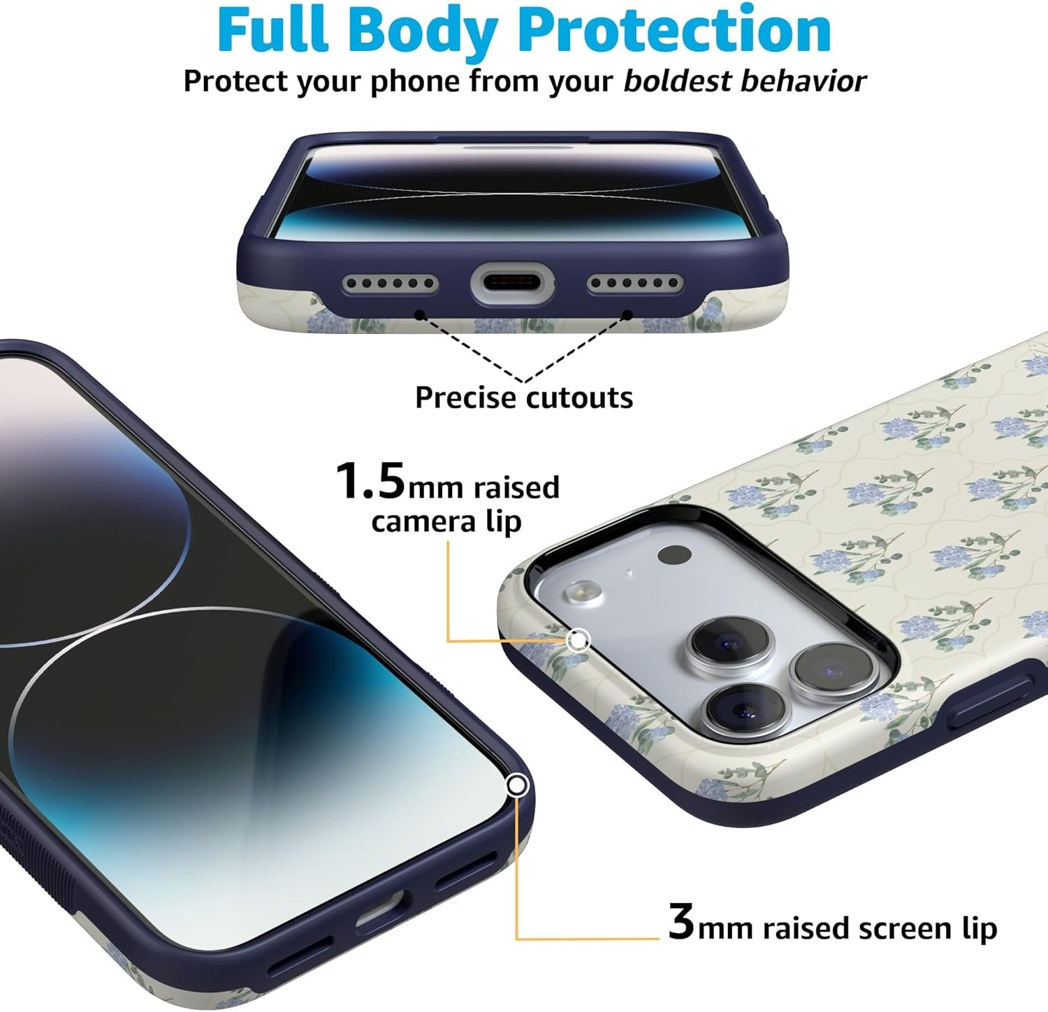 image:imageCasely iPhone 17 Pro Case Into the Wild Black Leopard Bold Protective Design MagSafe Compatible DesignVintage Garden Blue Hydrangea