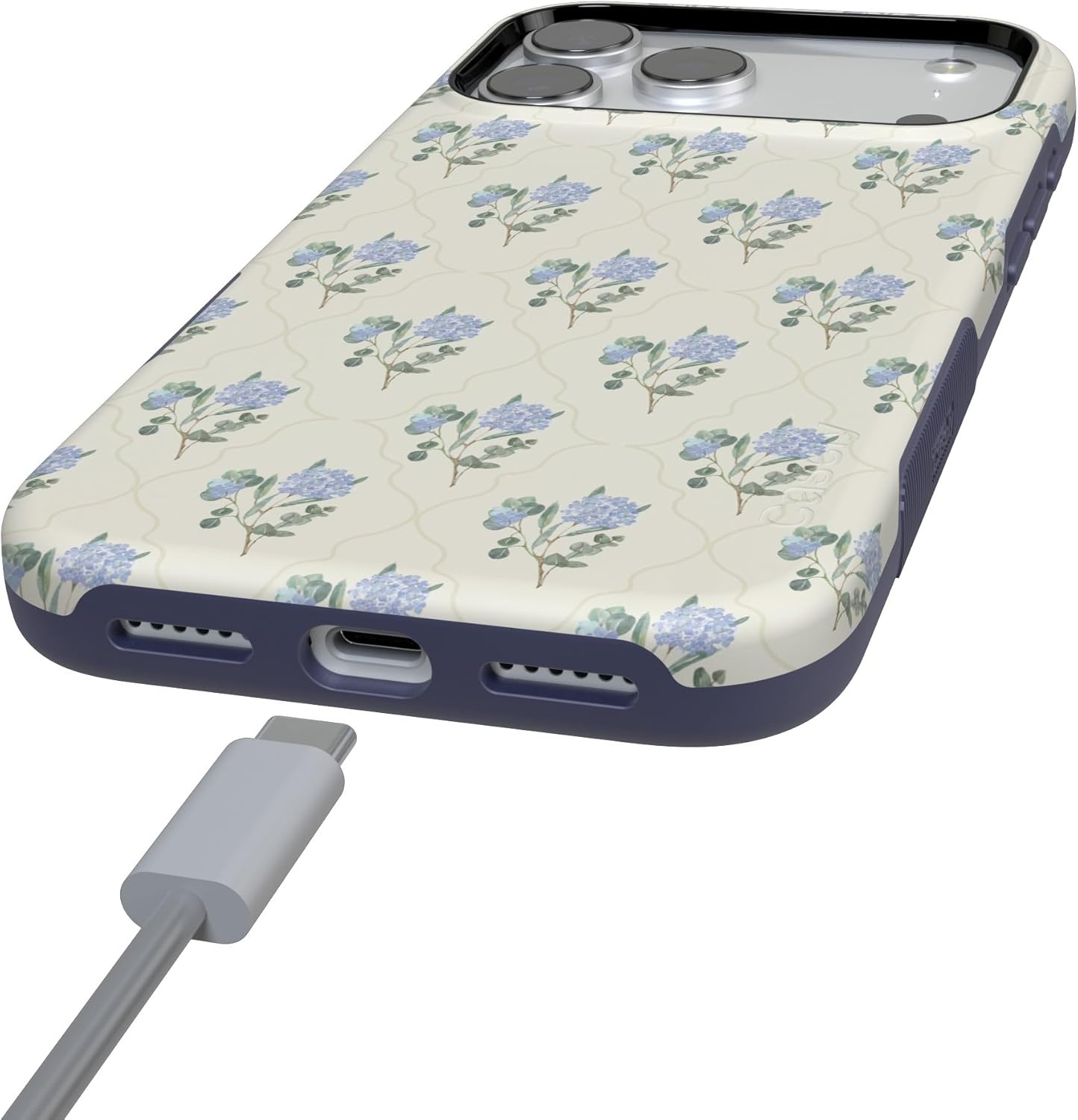 image:imageCasely iPhone 17 Pro Case Into the Wild Black Leopard Bold Protective Design MagSafe Compatible DesignVintage Garden Blue Hydrangea
