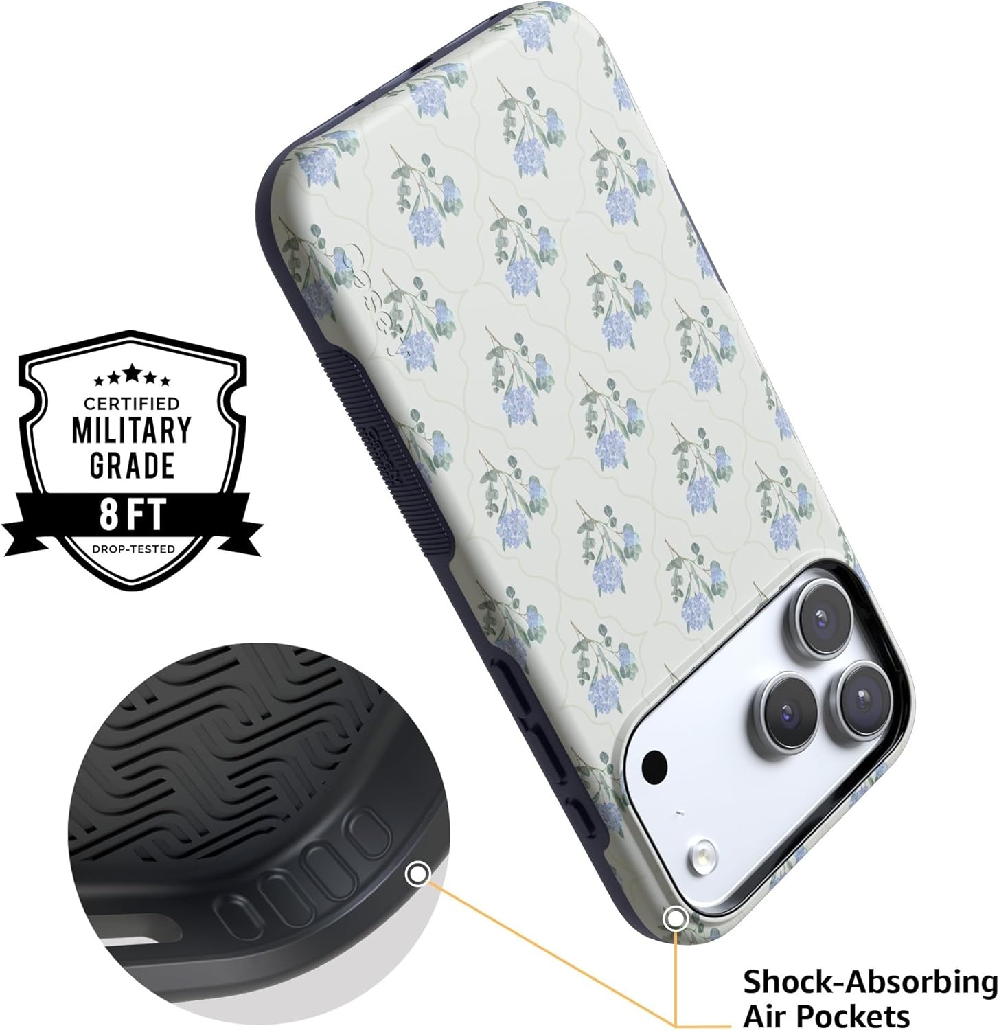 image:imageCasely iPhone 17 Pro Case Into the Wild Black Leopard Bold Protective Design MagSafe Compatible DesignVintage Garden Blue Hydrangea