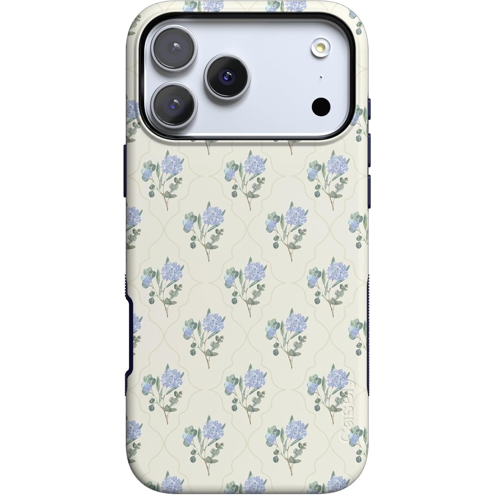image:imageCasely iPhone 17 Pro Case Into the Wild Black Leopard Bold Protective Design MagSafe Compatible DesignVintage Garden Blue Hydrangea