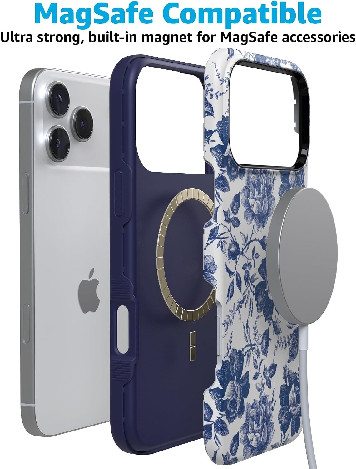 image:imageCasely iPhone 17 Pro Max Case Starfish Wishes Coral Pink Shimmer Bold Protective Design MagSafe Compatible DesignBlue White Floral Rose to Fame