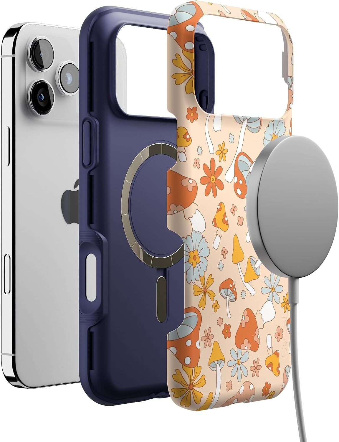 image:imageCasely iPhone 17 Pro Max Case Starfish Wishes Coral Pink Shimmer Bold Protective Design MagSafe Compatible DesignMushroom Magic Retro Floral