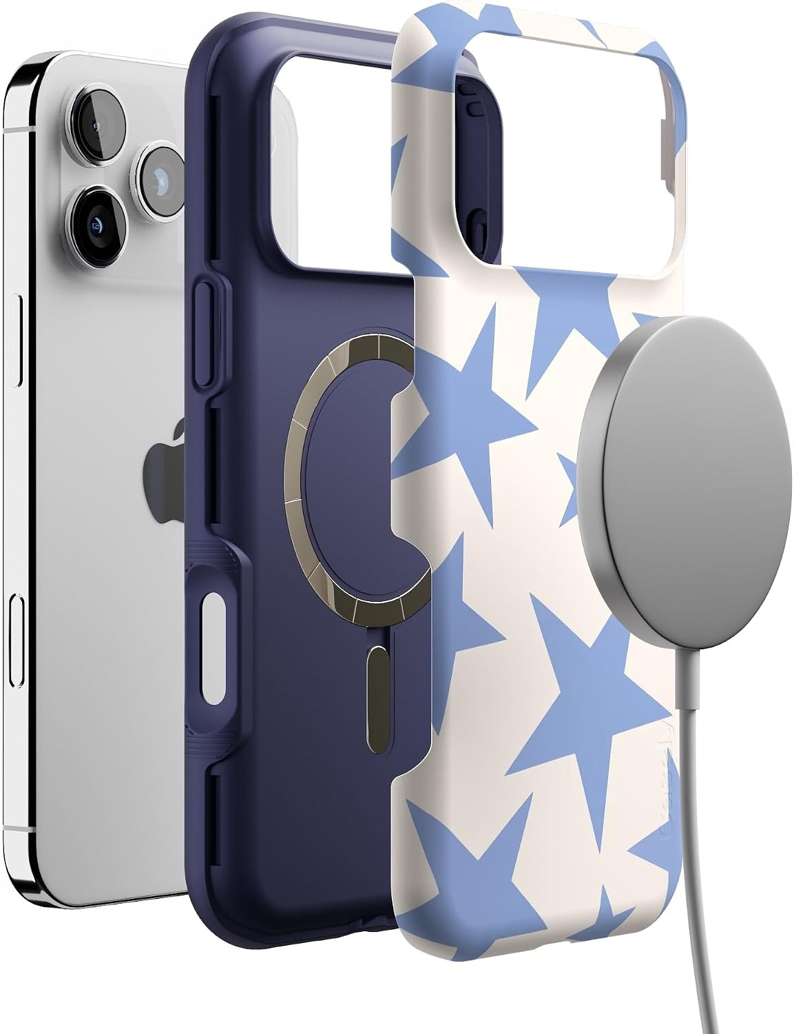 image:imageCasely iPhone 17 Pro Max Case Starfish Wishes Coral Pink Shimmer Bold Protective Design MagSafe Compatible DesignStars Align Blue White Stars